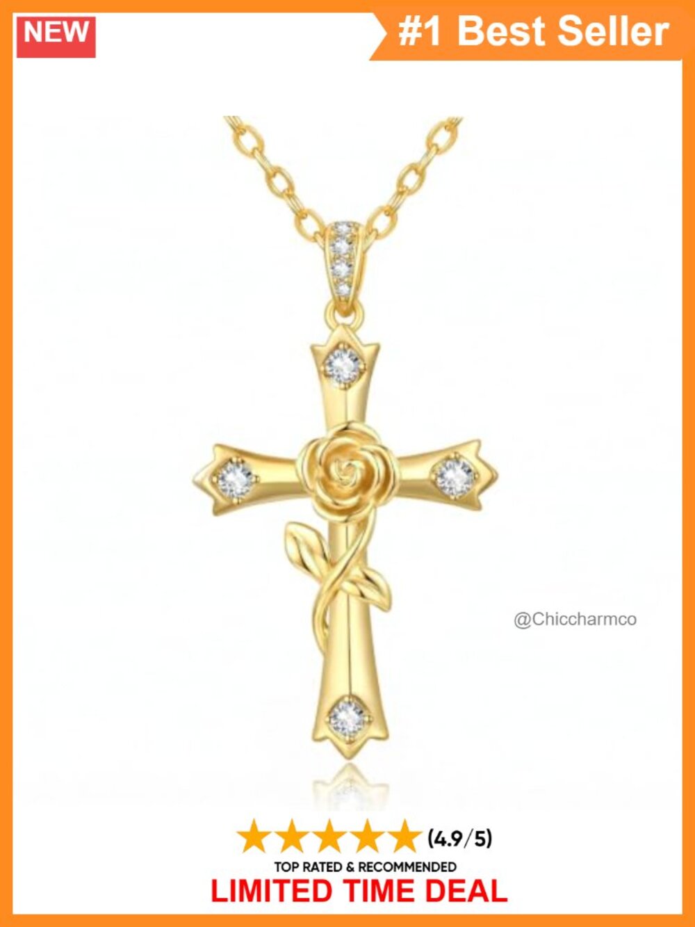 14K Gold Plated Rose Cross Pendant Necklace CZ Accents O-Chain Women Jewelry